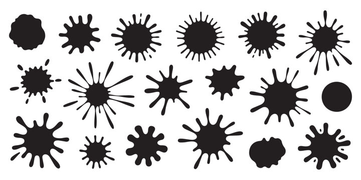 Set of Black Ink Splats and Abstract Paint Blobs on White Background