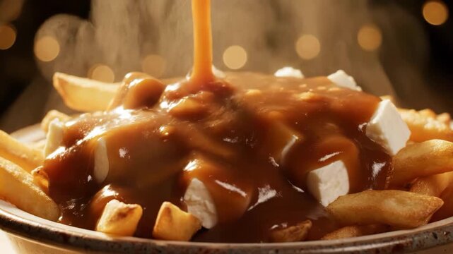 Poutine with fresh cheese curds and hot brown gravy