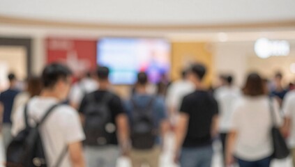 Fototapeta premium Blurred crowd of people walking in a public space with shopping mall