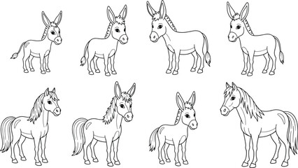 Fototapeta premium Donkey and Horse Line Art Vector Set with Farm Animal Outline Illustrations in Different Poses for Rural Agriculture Coloring Book and Design Projects