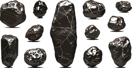 Set of black shiny coal pieces, rough obsidian stones, and dark meteorite rocks isolated on white background for graphic design. © Joyanti