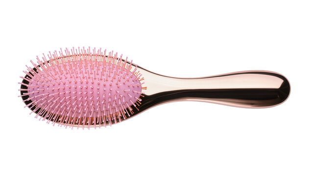 Rose gold hair brush with pink cushion and metal pins, isolated on transparent background