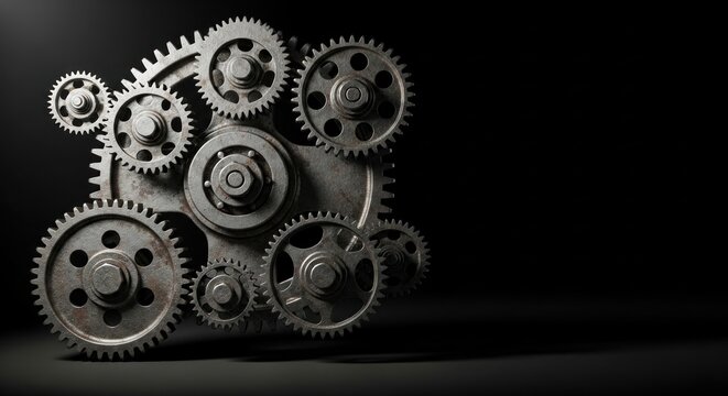 A collection of metallic gears and cogs on a dark background.