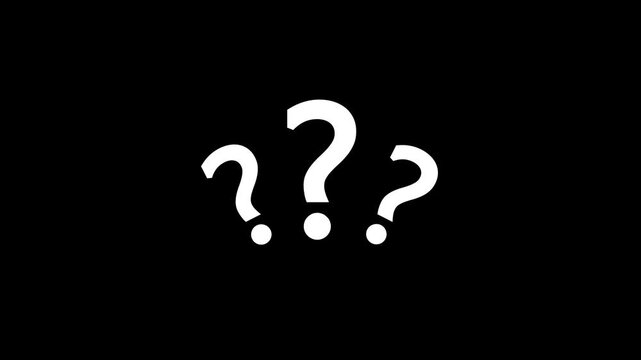 Three White Question Marks of Varying Sizes on a Black Background symbol icon. Animated white question mark icons bouncing on black background. with video animation.