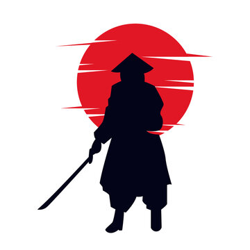 Illustration of samurai with red sun background logo design.