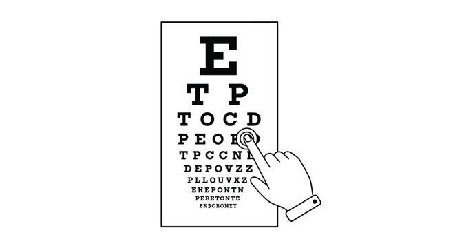 Outline illustration of a hand pointing a finger at a specific letter on a Snellen eye chart for vision testing and ophthalmology use.
