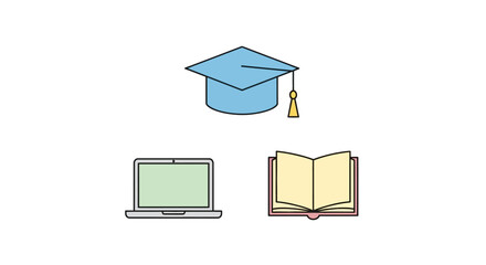 Graduation cap laptop and textbook icons. © Kasdo