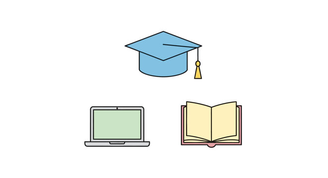 Graduation cap laptop and textbook icons.