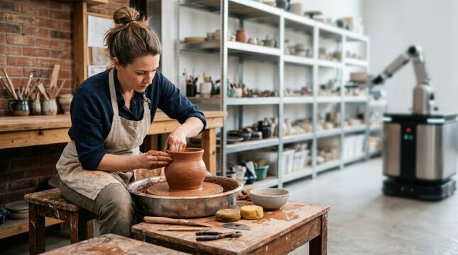 Seated artisan in contemporary ceramics workspace shaping clay on pottery wheel