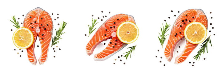 Fresh Salmon Steaks with Lemon and Rosemary Isolated on White Background, Set of Three Ripe Fish Fillets with Peppercorns for Healthy Cooking, Seafood, and Organic Concept © riaz