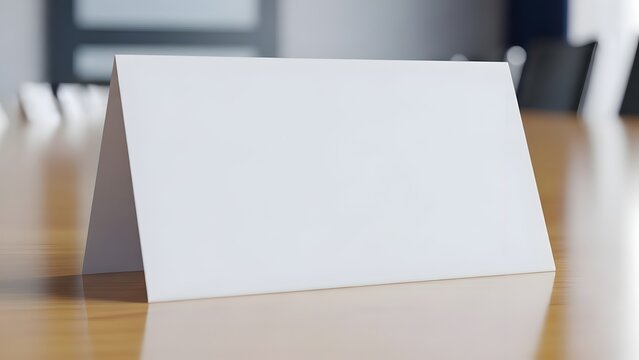 Blank white tent card on polished wooden conference table in bright modern meeting room