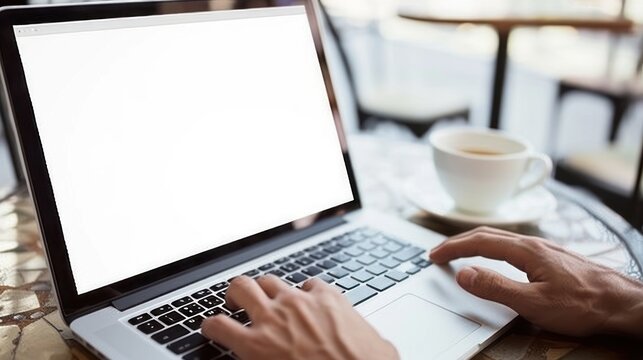 Person Using Laptop Computer with Coffee Cup on Wooden Table in Cozy Cafe Setting