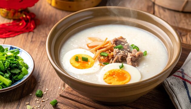 Century egg congee in a ceramic bowl, smooth creamy rice porridge, preserved egg slices with jade and amber colors, shredded lean pork, fresh ginger strips, green spring onions, white pepper sprinkle.