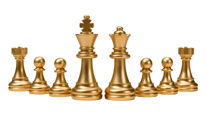 Golden chess pieces including king queen rooks and pawns, isolated on transparent background © Emilija