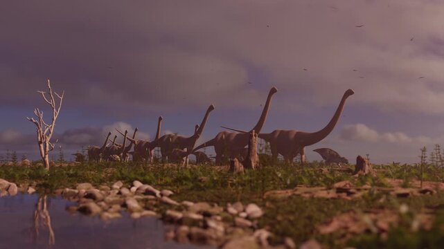 4K 12-second animation of a dinosaur herd migrating across a prehistoric valley with a river. Features Brachiosaurus, Ankylosaurus, and Pterosaurs in a realistic 3D environment