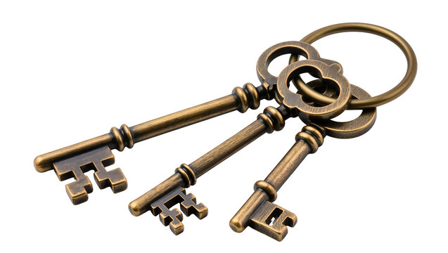 Antique bronze skeleton keys on a ring, isolated on transparent background