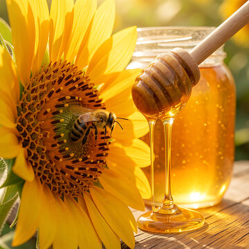 A delicious golden jar of organic honey stands near a wooden dipper and honeycomb on a white background, featuring a natural bee on a sweet, healthy yellow liquid ingredient