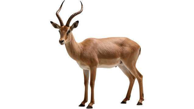 Brown impala antelope with curved horns, isolated on transparent background