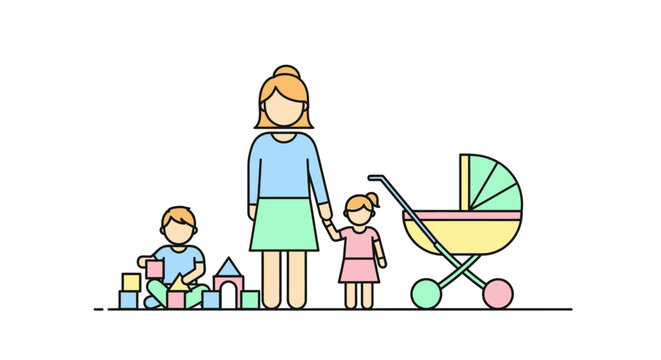 Mother with children and baby stroller.