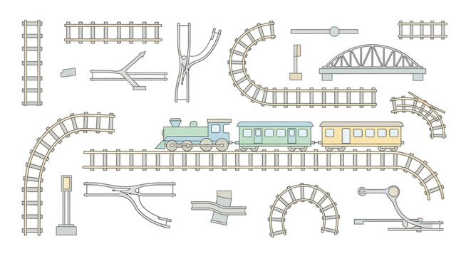 Train track pieces and train sets.