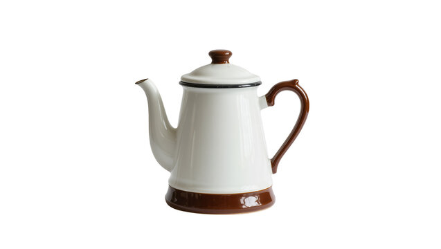Enamel coffee pot with brown accents, isolated on transparent background