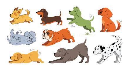 Fototapeta premium Collection set flat style vector illustration of cute dogs in various poses, playful puppy characters, pet animals isolated, friendly domestic canine design