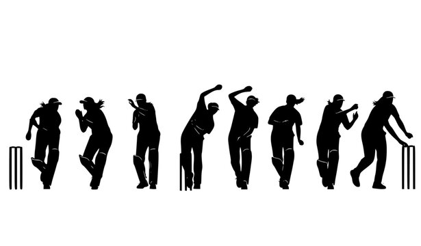 Female cricket player bowling silhouettes set with dynamic motion poses isolated on white background vector