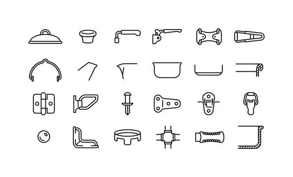 Camping cookware parts with lids handles spouts bases rims and structural components clean monoline outline icon set showing