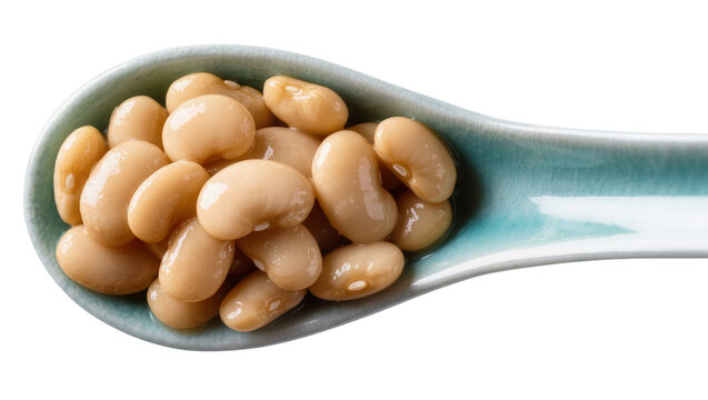 Creamy white cannellini beans piled on a teal ceramic spoon, isolated on transparent background