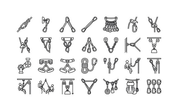 Carabiner and sling usage with climbing setups safety systems gear attachment and outdoor rigging scenarios clean monoline outline