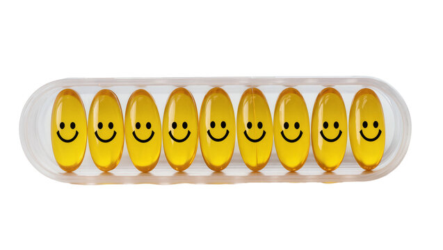 Eight yellow smiley face gel capsules in a clear plastic container, isolated on transparent background
