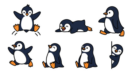 Collection set flat style vector illustration of penguins in different poses, arctic animals isolated, cute bird characters, winter wildlife design © Amie