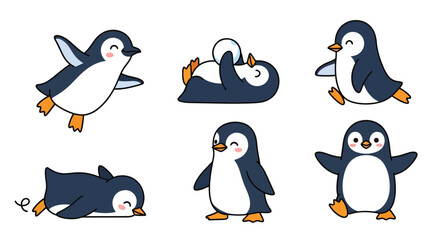 Collection set flat style vector illustration of penguins in different poses, arctic animals isolated, cute bird characters, winter wildlife design © Amie
