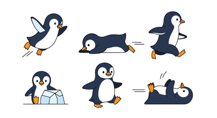Collection set flat style vector illustration of penguins in different poses, arctic animals isolated, cute bird characters, winter wildlife design © Amie