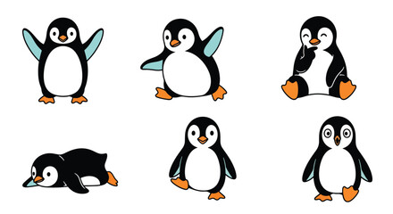 Collection set flat style vector illustration of penguins in different poses, arctic animals isolated, cute bird characters, winter wildlife design © Amie