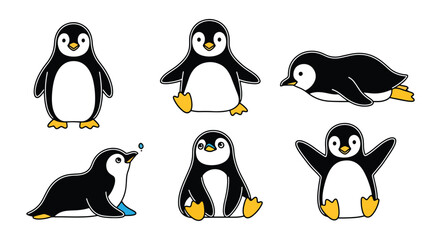 Collection set flat style vector illustration of penguins in different poses, arctic animals isolated, cute bird characters, winter wildlife design © Amie