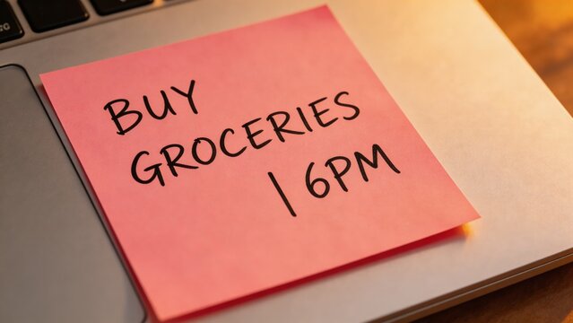 A close-up of a pink sticky note on a laptop with a handwritten reminder to buy groceries at 6pm