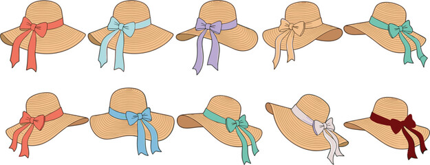 Fototapeta premium Elegant Straw Hat Vector Set with Ribbon Bow Accessories for Women Summer Beach Fashion and Stylish Outdoor Collection Design