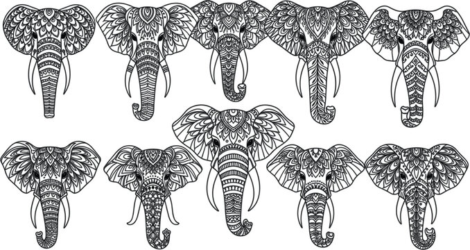 Ornamental Elephant Head Mandala Vector Set with Decorative Tribal Patterns Boho Style Wildlife Illustration and Intricate Line Art Collection