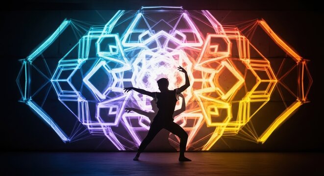 Performer executes a graceful dance pose against a backdrop of vibrant neon geometric projections.