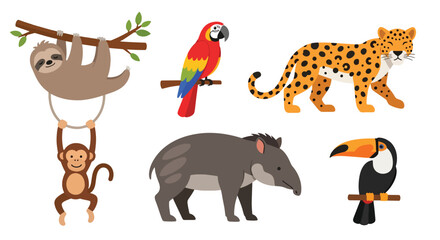 Obraz premium Collection set flat style vector illustration of jungle animals including sloth, parrot, monkey, leopard and toucan, tropical wildlife characters isolated