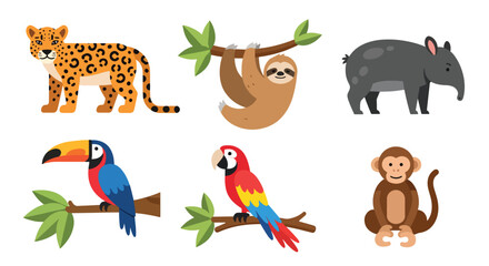 Obraz premium Collection set flat style vector illustration of jungle animals including sloth, parrot, monkey, leopard and toucan, tropical wildlife characters isolated