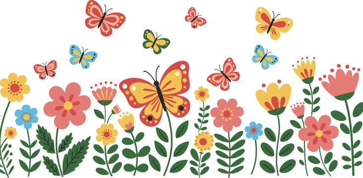 Seamless vector illustration of a colorful spring nature pattern featuring cute flowers, tulips, butterflies, and bees for a floral summer wallpaper textile design