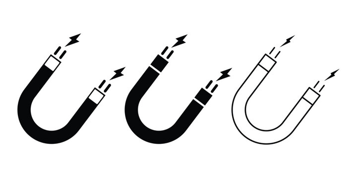 Magnet silhouette icon set with horseshoe line style. Magnet icons button, vector, sign, symbol, logo, illustration. representing magnetism, attraction, and science.