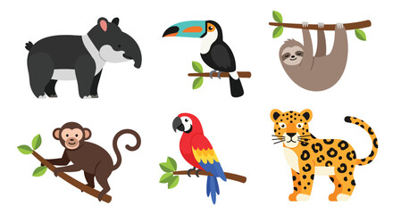 Obraz premium Collection set flat style vector illustration of jungle animals including sloth, parrot, monkey, leopard and toucan, tropical wildlife characters isolated
