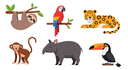 Obraz premium Collection set flat style vector illustration of jungle animals including sloth, parrot, monkey, leopard and toucan, tropical wildlife characters isolated