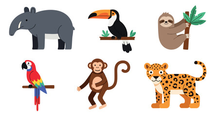 Fototapeta premium Collection set flat style vector illustration of jungle animals including sloth, parrot, monkey, leopard and toucan, tropical wildlife characters isolated