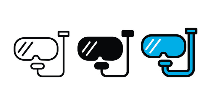 diving mask icon set flat solid thin black outline and blue color. snorkeling mask and snorkel icon. Essential underwater equipment for swimming.
