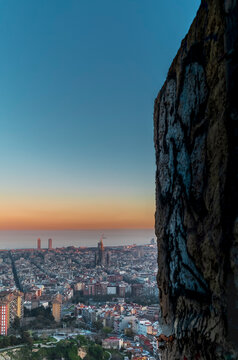 Barcelona City Skyline at Golden Hour with Sagrada Fam&iacute;lia and Mediterranean Sea, Aerial View