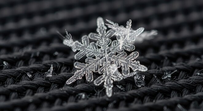 Macro photography of a delicate snowflake on a dark textured surface